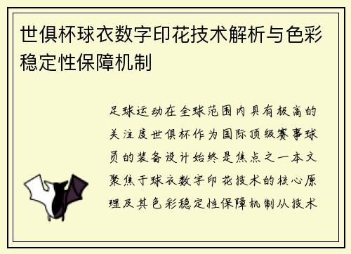 世俱杯球衣数字印花技术解析与色彩稳定性保障机制